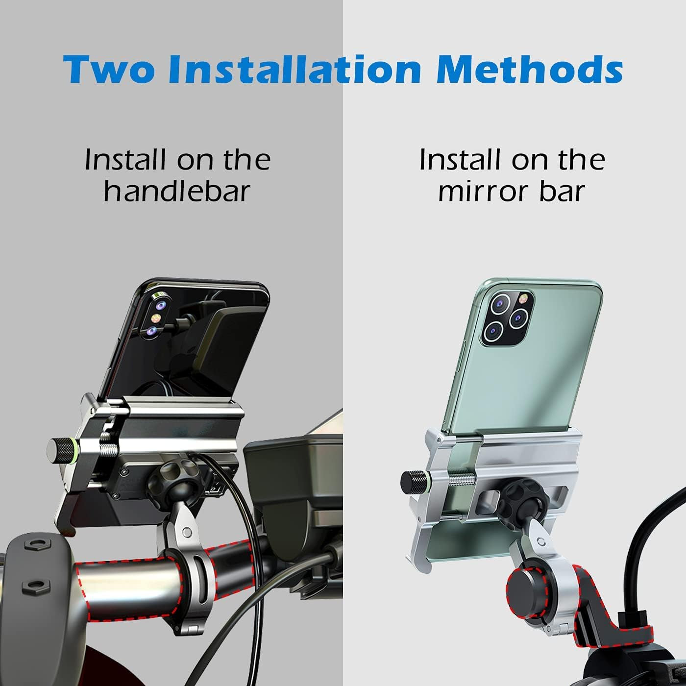 Motorcycle Phone Mount with Charger, Whole Aluminium Waterproof Motorcycle Phone Holder, QC 3.0 USB Charger Motorcycle Handlebar Compatible with Iphone/Huawei on 12-24V Vehicles