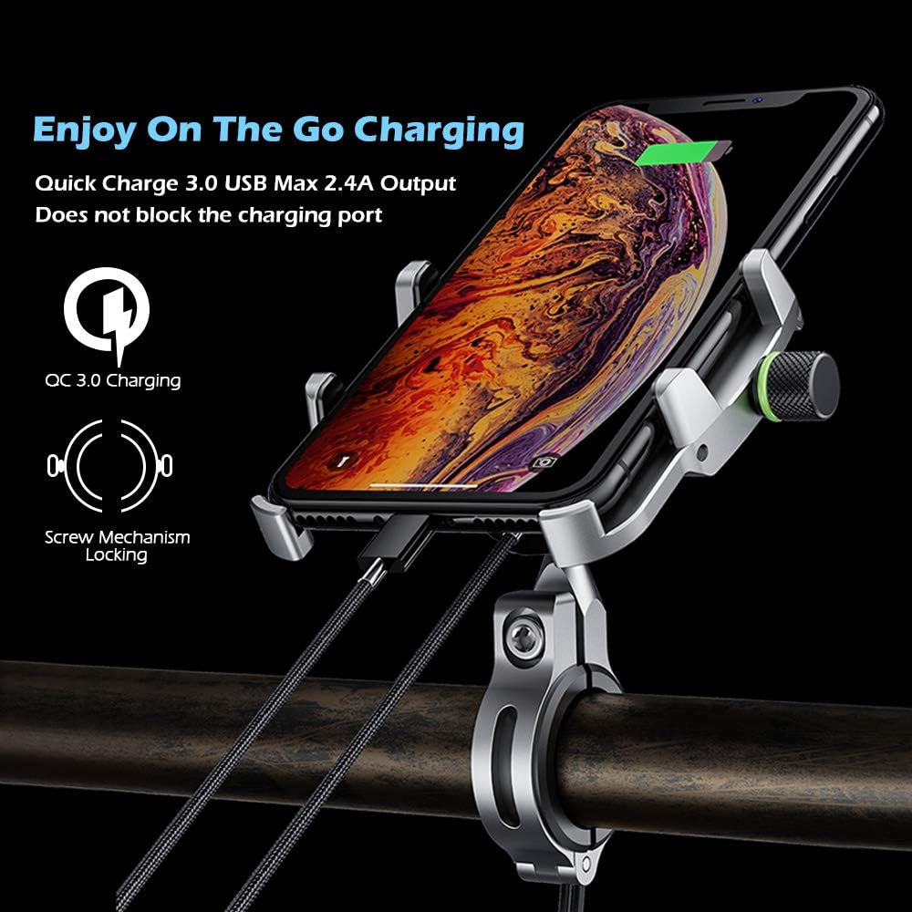Motorcycle Phone Mount with Charger, Whole Aluminium Waterproof Motorcycle Phone Holder, QC 3.0 USB Charger Motorcycle Handlebar Compatible with Iphone/Huawei on 12-24V Vehicles