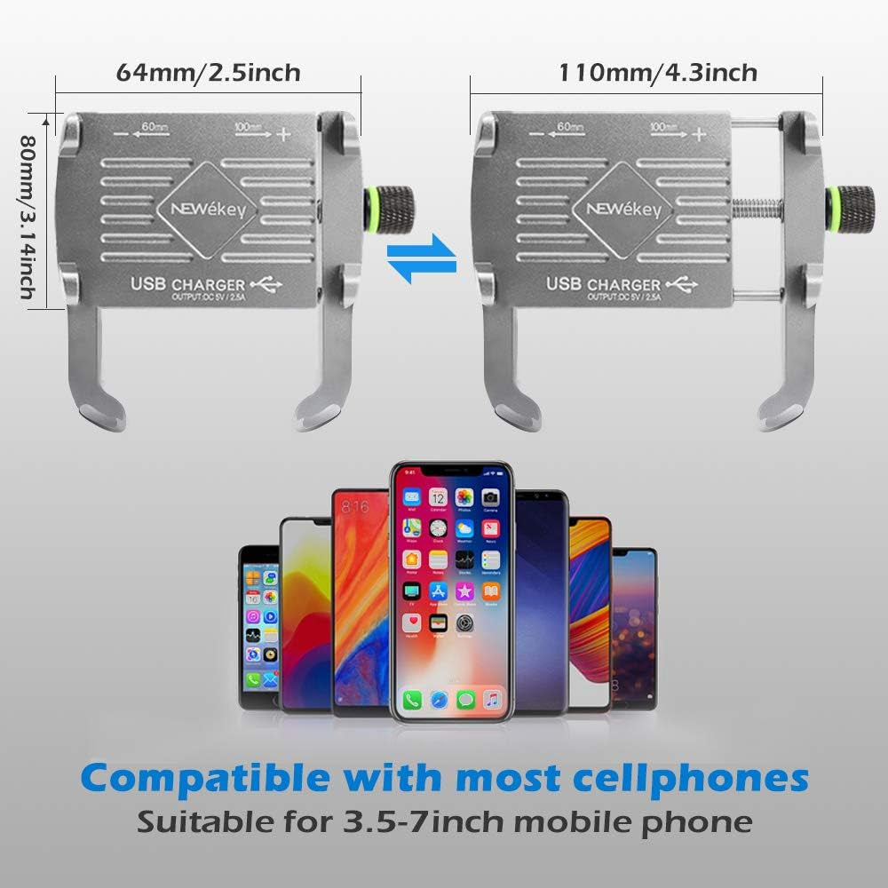 Motorcycle Phone Mount with Charger, Whole Aluminium Waterproof Motorcycle Phone Holder, QC 3.0 USB Charger Motorcycle Handlebar Compatible with Iphone/Huawei on 12-24V Vehicles