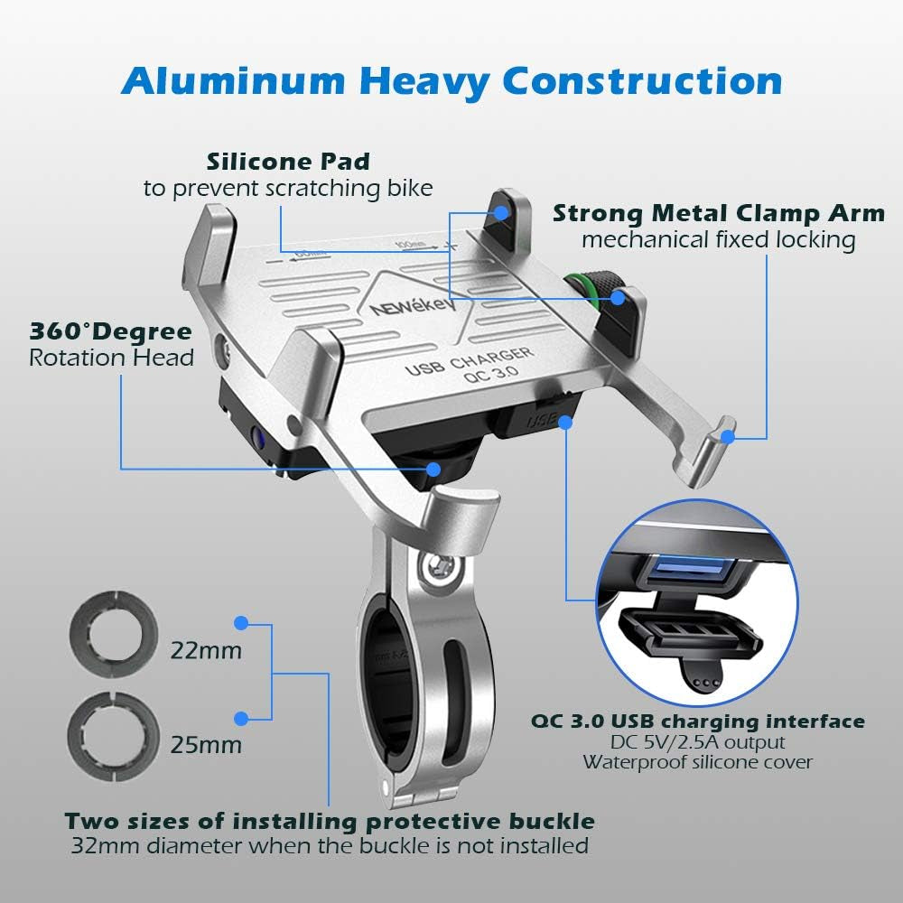 Motorcycle Phone Mount with Charger, Whole Aluminium Waterproof Motorcycle Phone Holder, QC 3.0 USB Charger Motorcycle Handlebar Compatible with Iphone/Huawei on 12-24V Vehicles