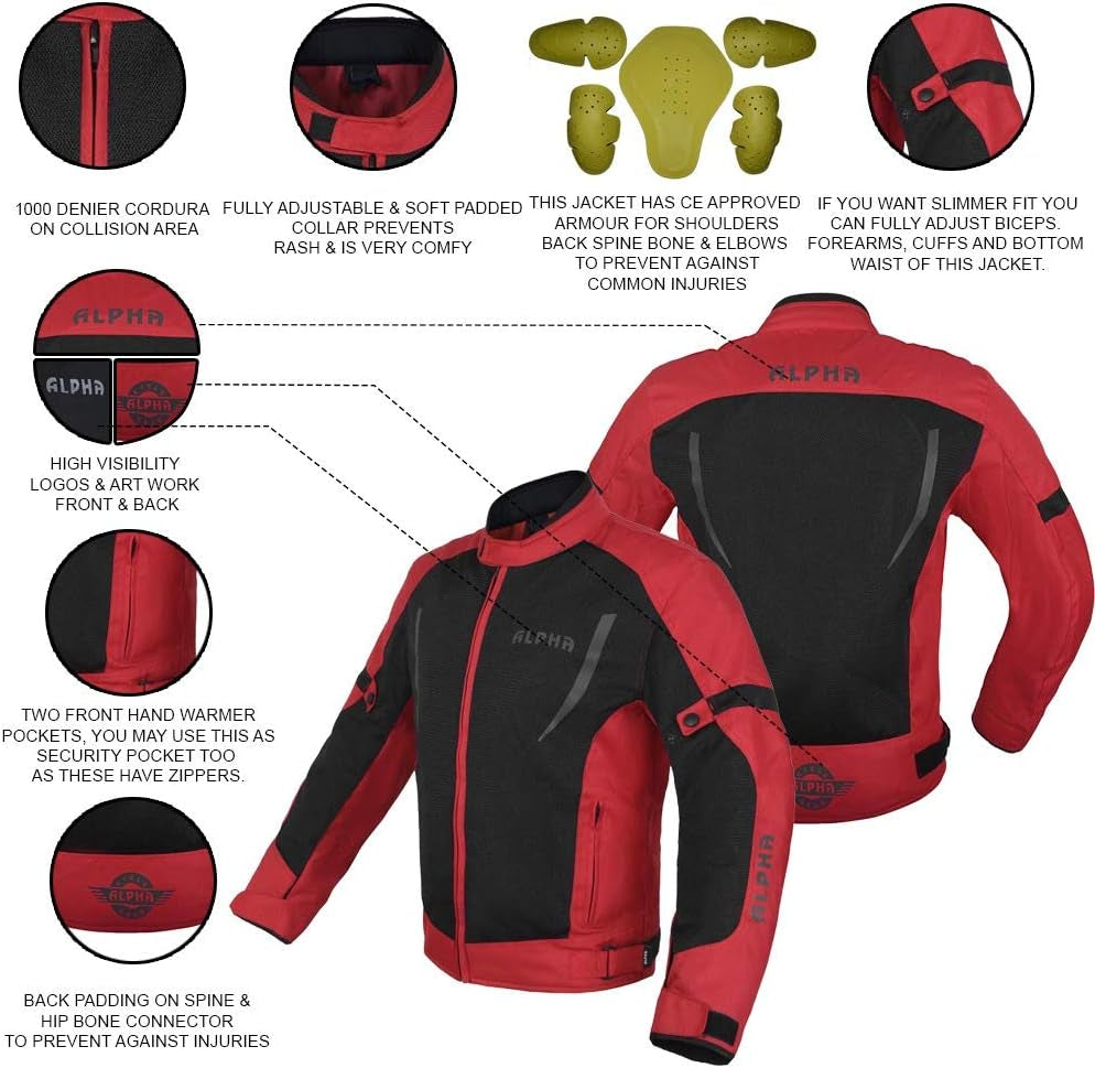 HI VIS MESH MOTORCYCLE JACKET for MENS RIDING BIKERS RACING DUAL SPORTS BIKE ARMORED PROTECTIVE (RED, LARGE)