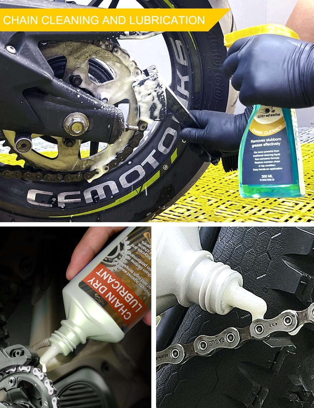 Motorcycle Dirtbike Wash Kit - Premium Cleaning and Detailing Set for Mudguard,Rims and Paint.Includes Motorcycle Cleaner(19 Oz),Chain Clean(10 Oz),Dry Lubricant(4 Oz) (1)