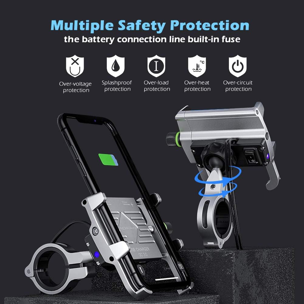 Motorcycle Phone Mount with Charger, Whole Aluminium Waterproof Motorcycle Phone Holder, QC 3.0 USB Charger Motorcycle Handlebar Compatible with Iphone/Huawei on 12-24V Vehicles