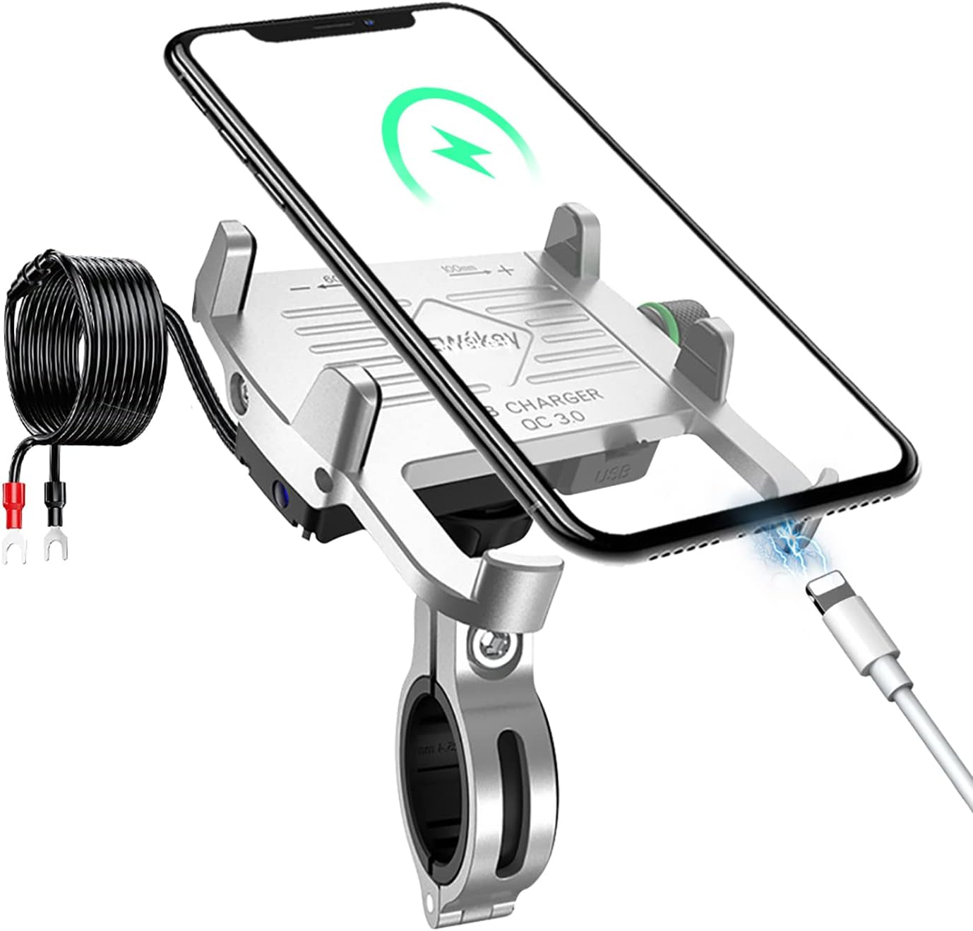 Motorcycle Phone Mount with Charger, Whole Aluminium Waterproof Motorcycle Phone Holder, QC 3.0 USB Charger Motorcycle Handlebar Compatible with Iphone/Huawei on 12-24V Vehicles