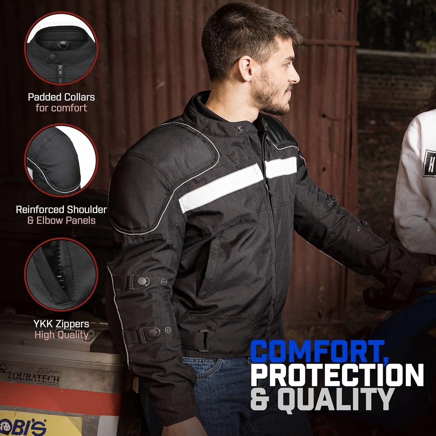 Waterproof Motorcycle Jacket Men Polyester Padded Biker Jacket Men with CE Armor Powersports Protective Jackets Featuring Padded Collar for Comfort.