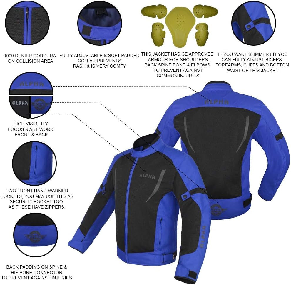 HI VIS MESH MOTORCYCLE JACKET for MENS RIDING BIKERS RACING DUAL SPORTS BIKE ARMORED PROTECTIVE (BLUE, SMALL)