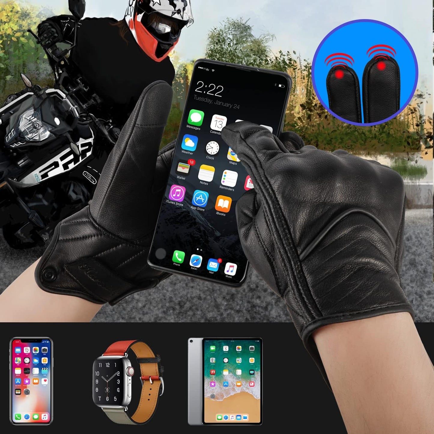 Leather Motorcycle Gloves for Men,Touchscreen Riding Driving Biker Glove with Hard Knuckle Protection,Motorcycle Accessories for Man