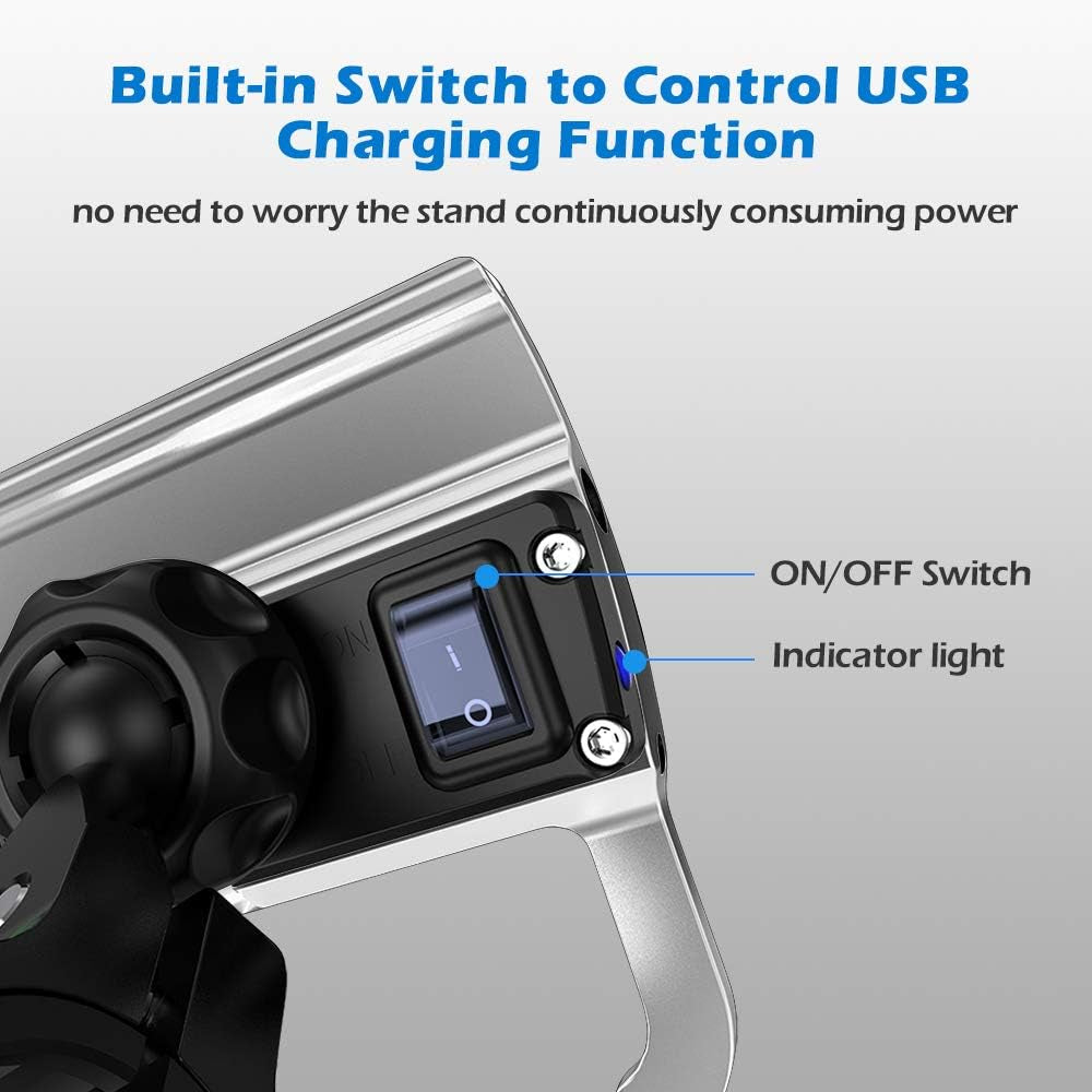 Motorcycle Phone Mount with Charger, Whole Aluminium Waterproof Motorcycle Phone Holder, QC 3.0 USB Charger Motorcycle Handlebar Compatible with Iphone/Huawei on 12-24V Vehicles