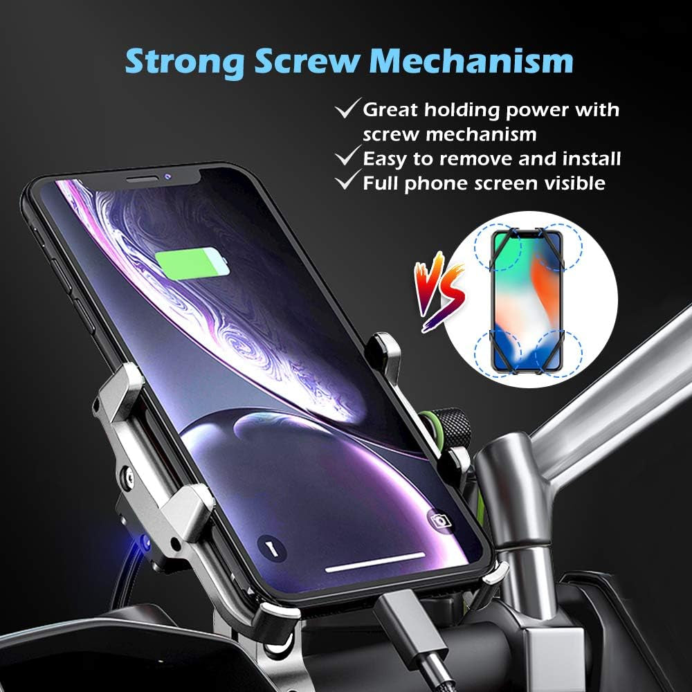 Motorcycle Phone Mount with Charger, Whole Aluminium Waterproof Motorcycle Phone Holder, QC 3.0 USB Charger Motorcycle Handlebar Compatible with Iphone/Huawei on 12-24V Vehicles