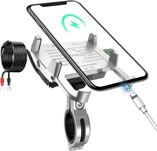 Motorcycle Phone Mount with Charger, Whole Aluminium Waterproof Motorcycle Phone Holder, QC 3.0 USB Charger Motorcycle Handlebar Compatible with Iphone/Huawei on 12-24V Vehicles
