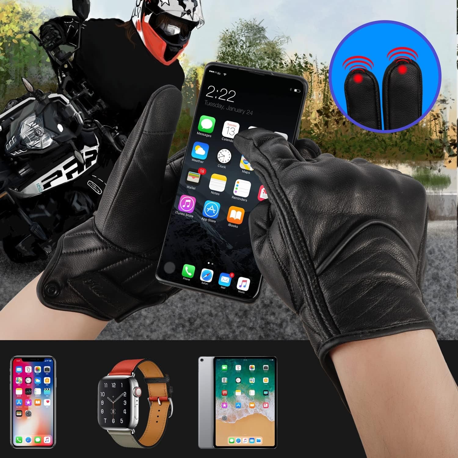Leather Motorcycle Gloves for Men,Touchscreen Riding Driving Biker Glove with Hard Knuckle Protection,Motorcycle Accessories for Man